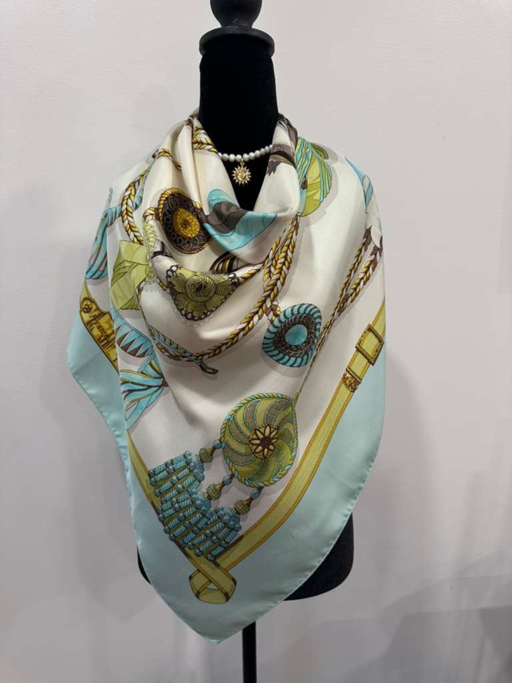 Hermes Silk Scarf Carré 90 Blue White Hand Rolled Made in France